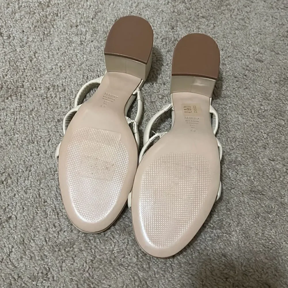 Schutz Women's 11 Block Heel Leather Strappy Slip On Sandals Ivory Cream New